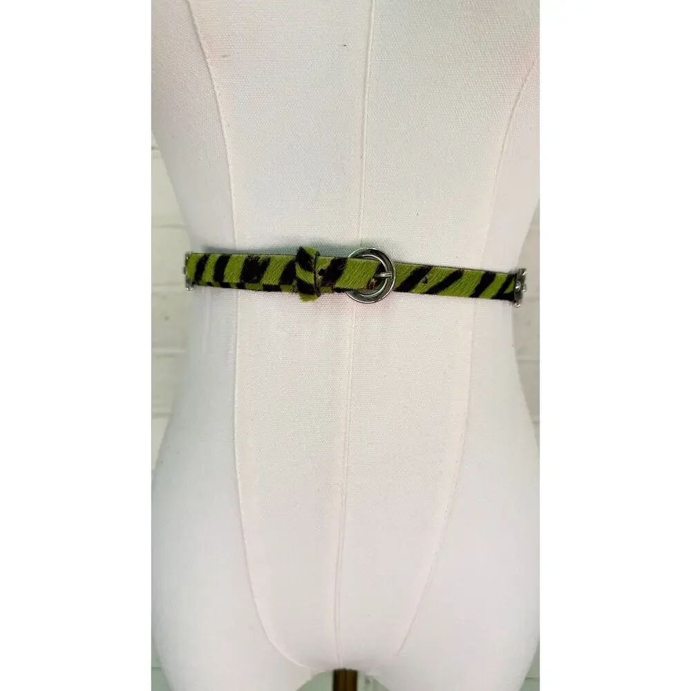Carlisle Green Zebra Calf Hair Leather Skinny Belt Silver Hardware L Narrow